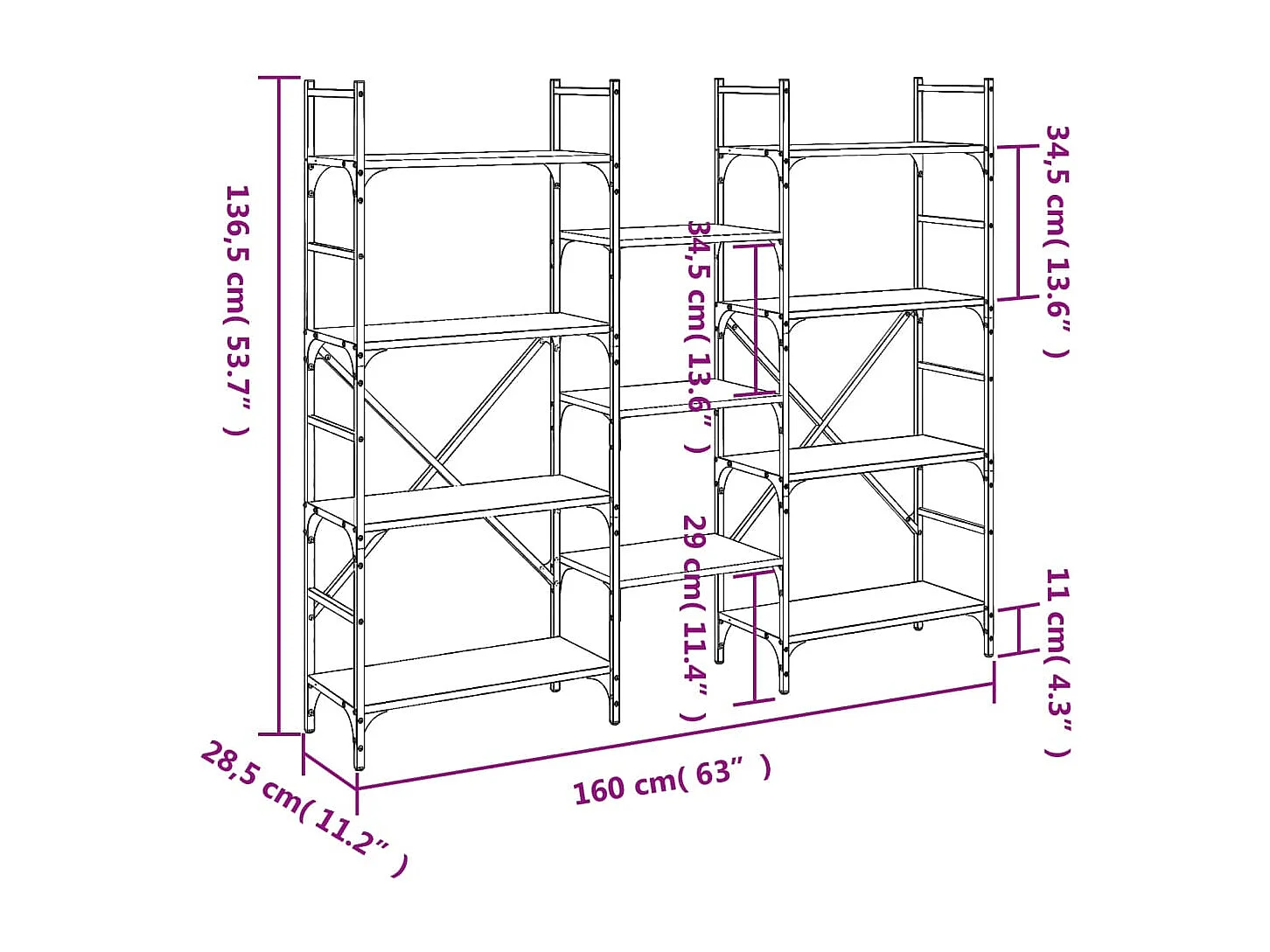 Boekenkast 160x28,5x136,5 cm bewerkt hout grijs sonoma eiken