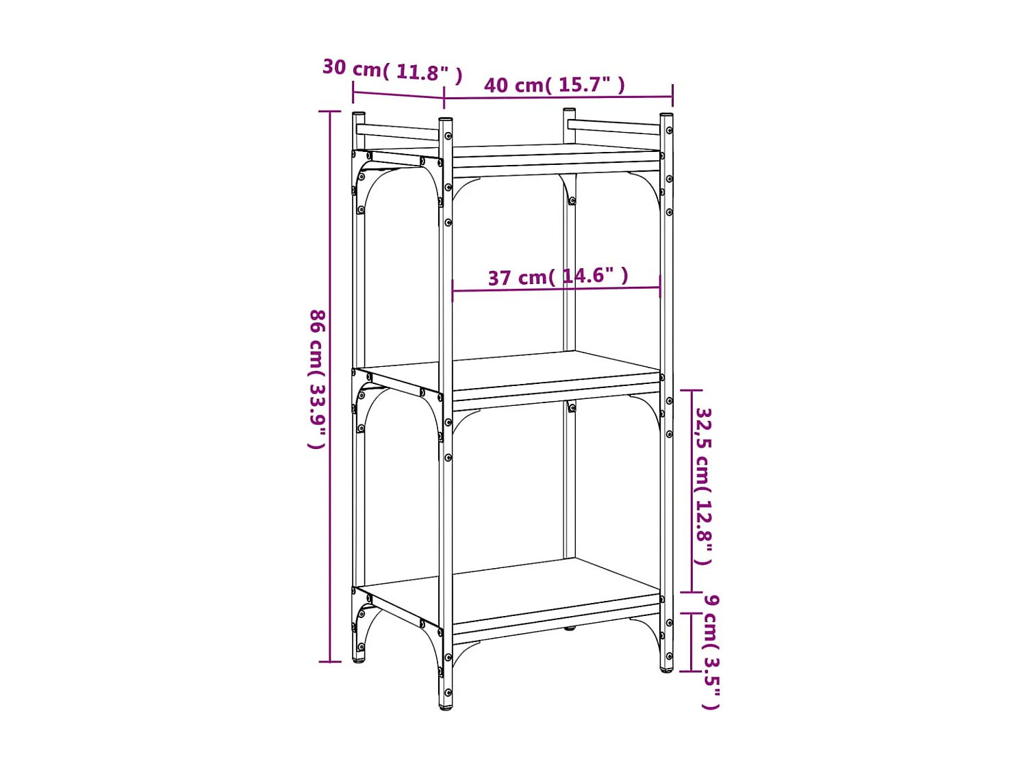 Librería 3 estantes madera ingeniería gris Sonoma 40x30x86 cm