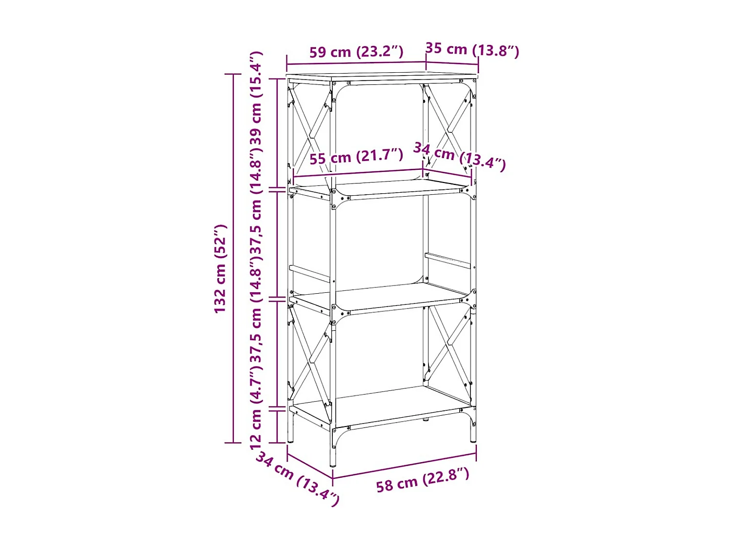 Bibliothèque à 4 niveaux chêne sonoma 59x35x132 cm