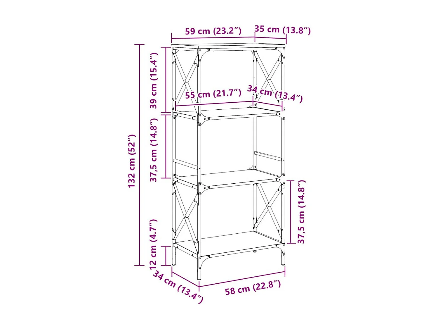 Boekenkast 4-laags 59x35x132 cm bewerkt hout sonoma eikenkleur