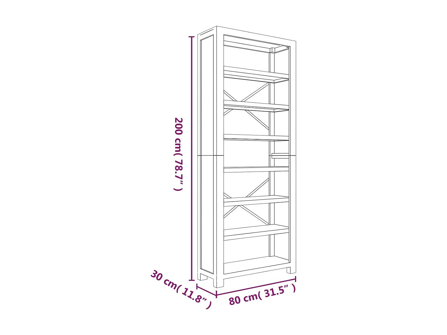 Libreria a 7 Ripiani 80x30x200 cm in Legno Massello di Acacia