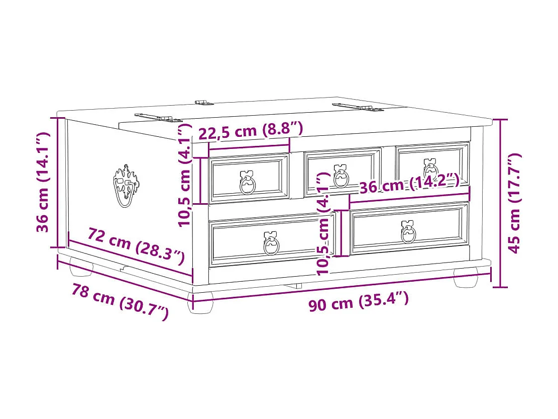 Scatola Portaoggetti Corona 90x78x45 cm Legno Massello di Pino