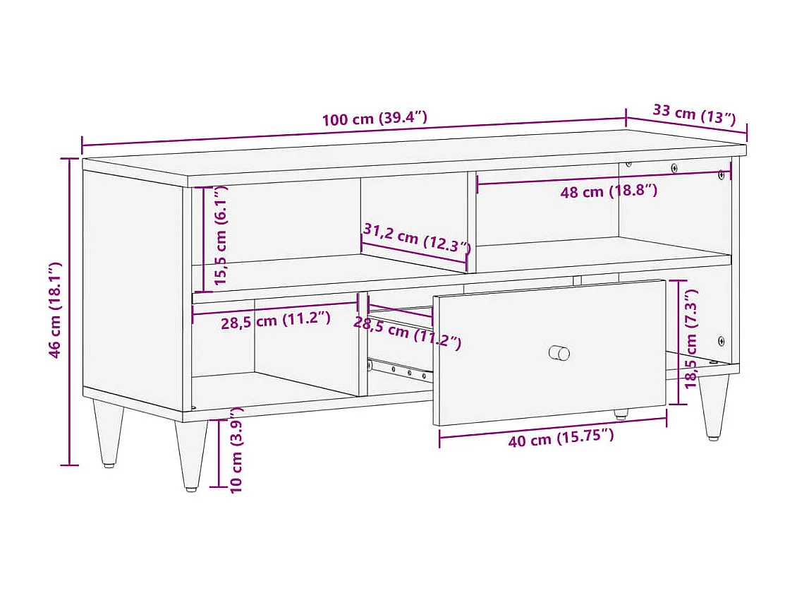 Mobile Porta TV 100x33x46 cm in Legno Massello di Mango