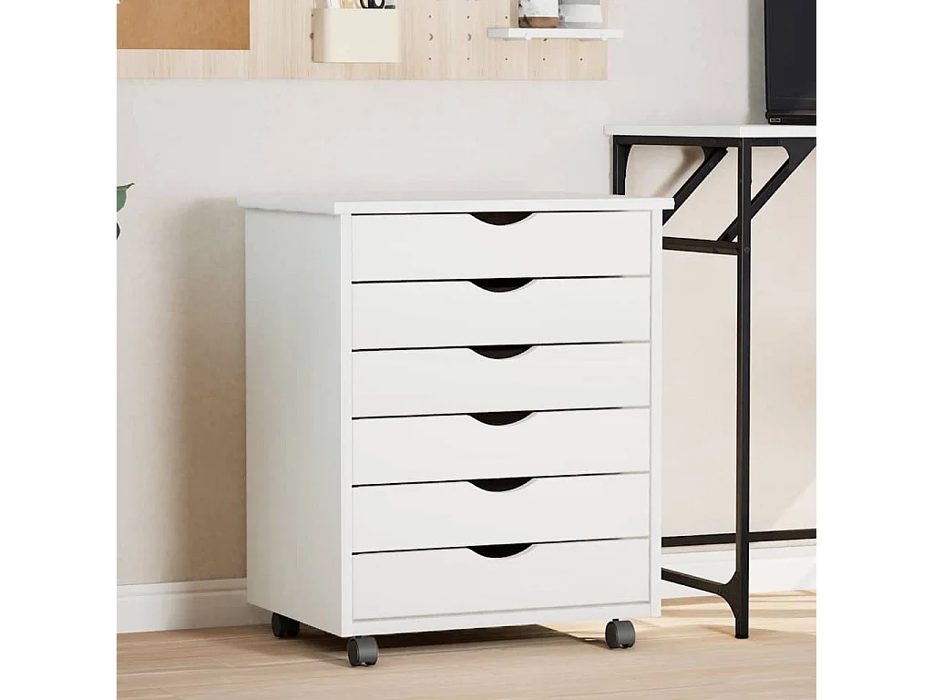 Armoire roulante avec tiroirs MOSS blanc bois de pin solide