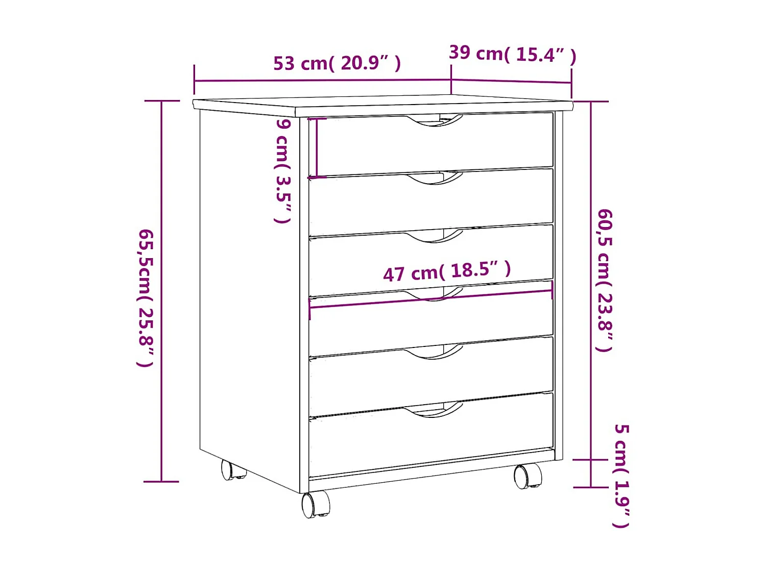 Armoire roulante avec tiroirs MOSS blanc bois de pin solide