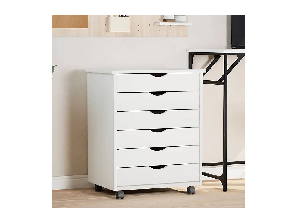 Armoire roulante avec tiroirs MOSS blanc bois de pin solide