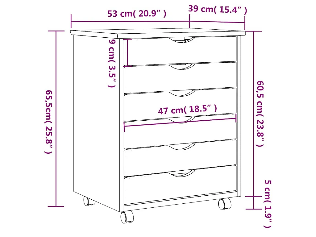 Armoire roulante avec tiroirs MOSS blanc bois de pin solide