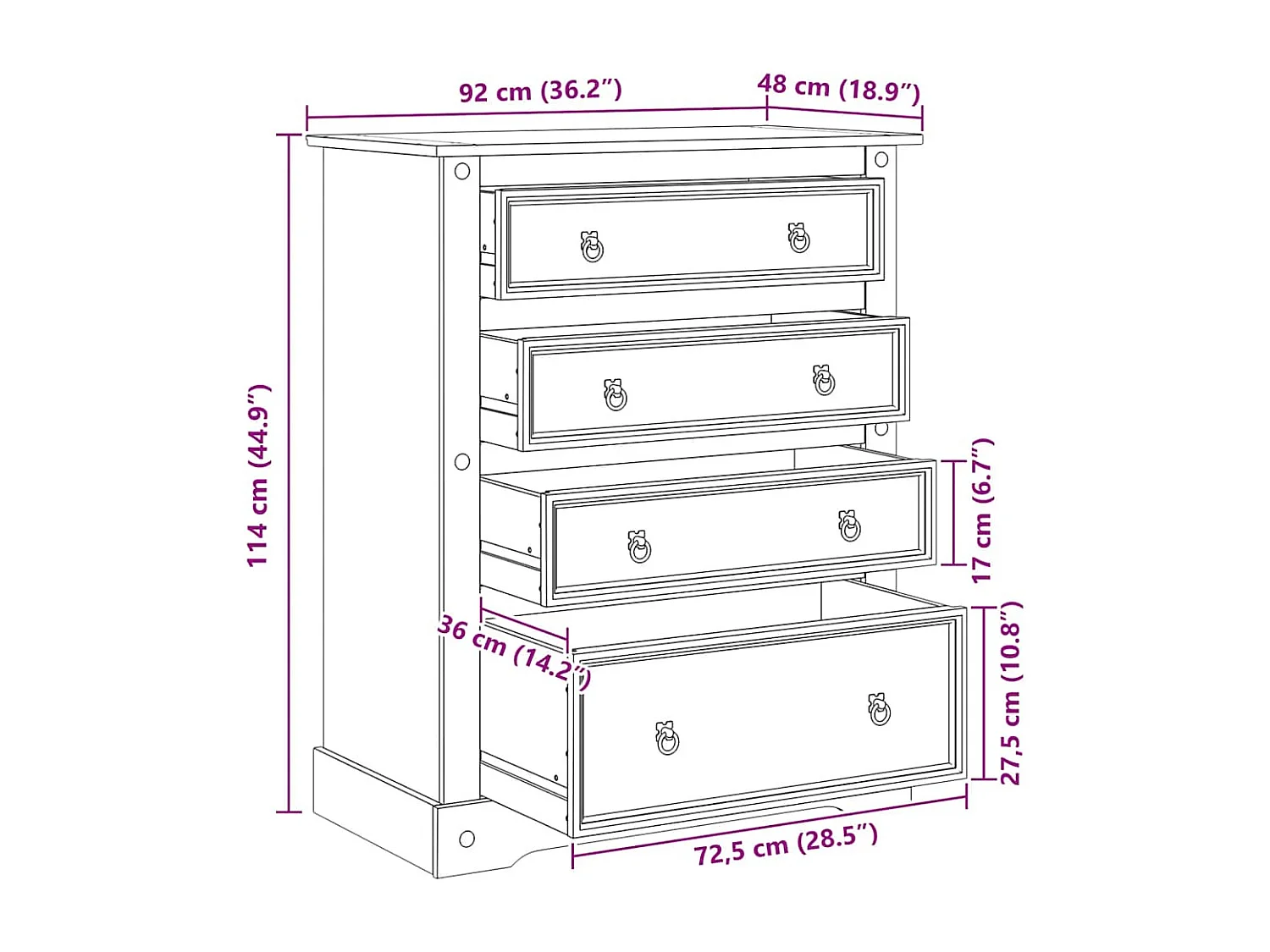 Cassettiera Corona 92x48x120 cm in Legno Massello di Pino