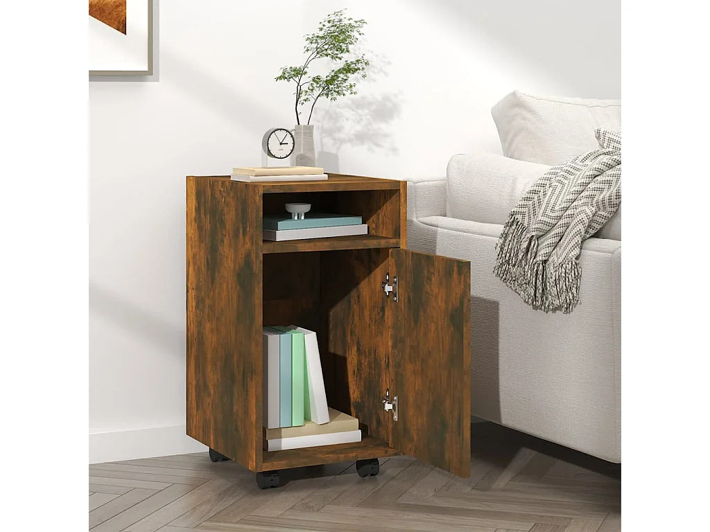 Bijzetkast met wielen 33x38x60 cm bewerkt hout gerookt eiken