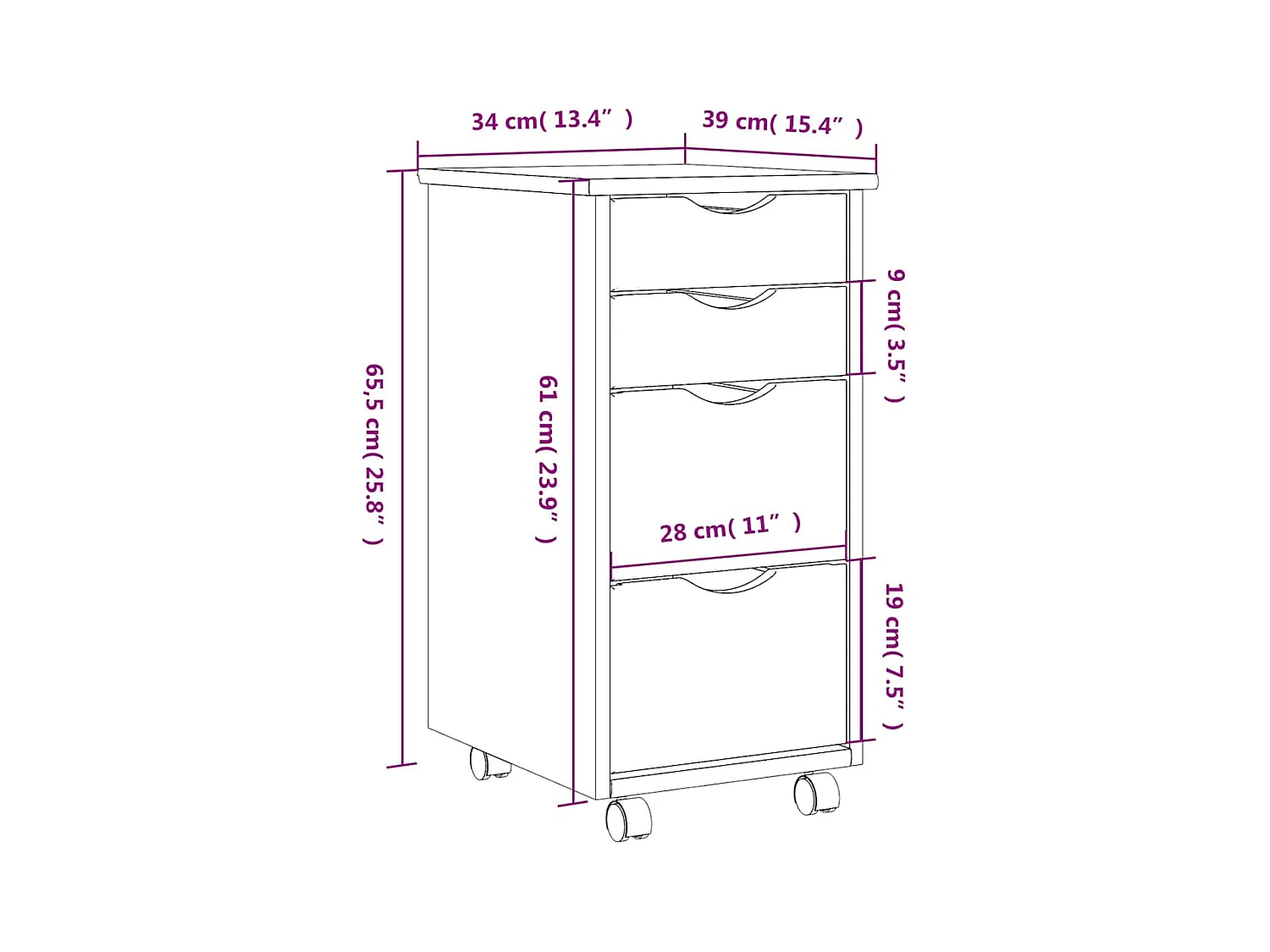 Cajonera con ruedas MOSS madera maciza pino marrón miel