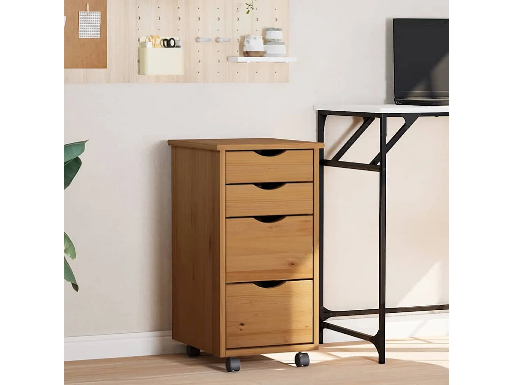 Armoire roulante avec tiroirs MOSS bois de pin marron miel