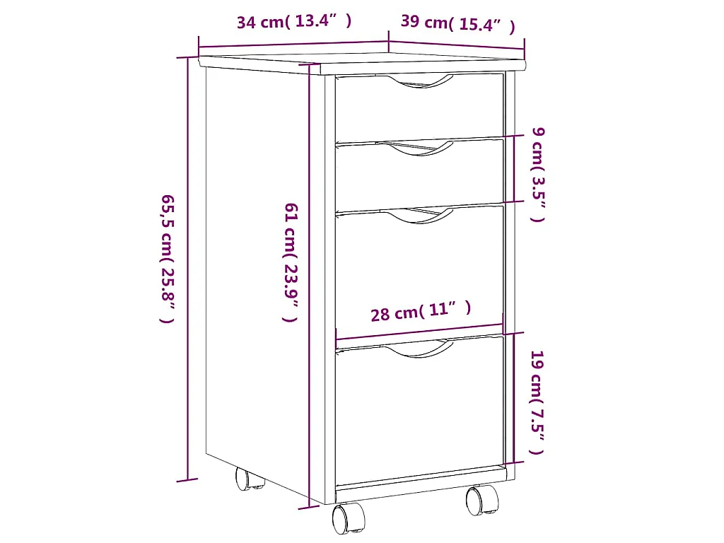 Ladekast MOSS verrijdbaar massief grenenhout honingbruin