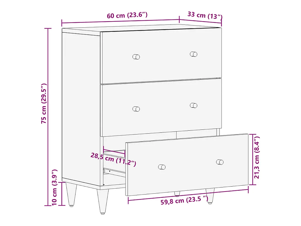 Armario auxiliar madera maciza de mango 60x33x75 cm