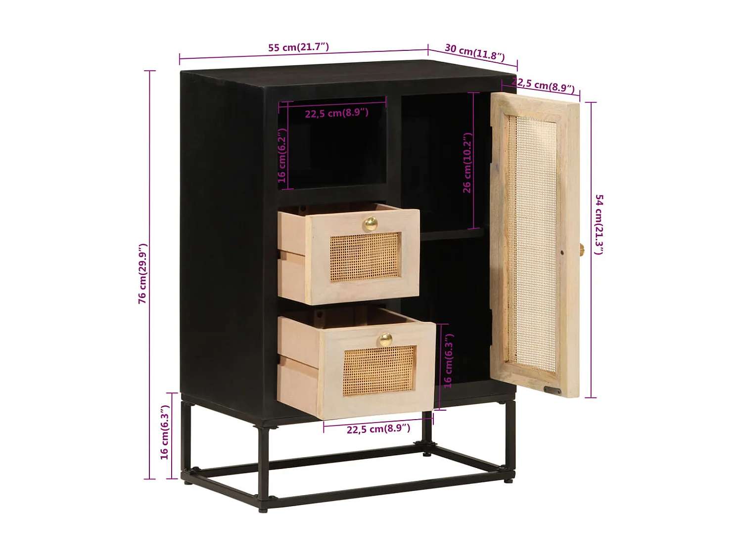 Buffet noir 55x30x76 cm bois massif de manguier et fer