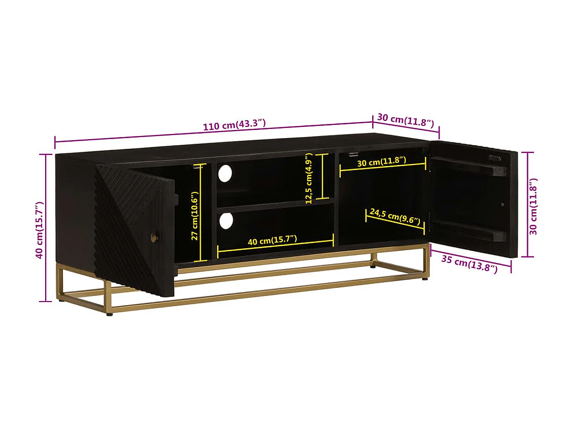 Meuble TV noir 110x30x40 cm bois massif de manguier et fer