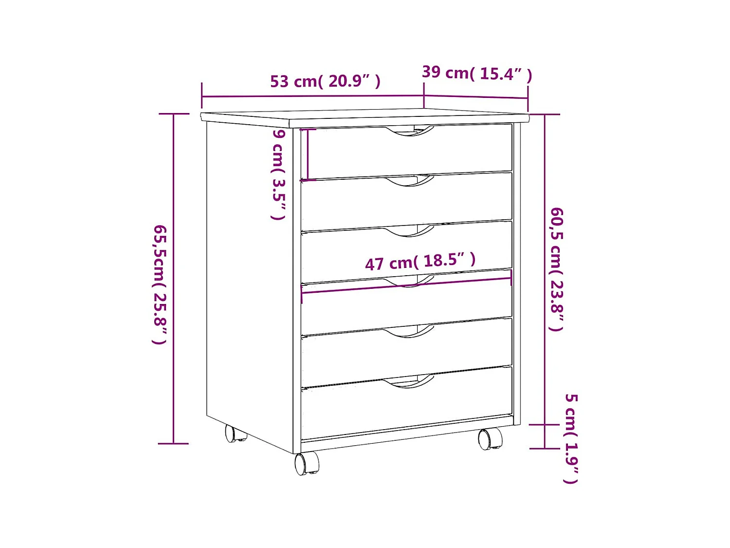 Armoire roulante avec tiroirs MOSS gris bois de pin solide