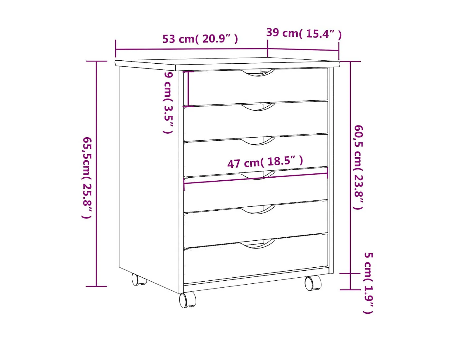 Armoire roulante avec tiroirs MOSS gris bois de pin solide