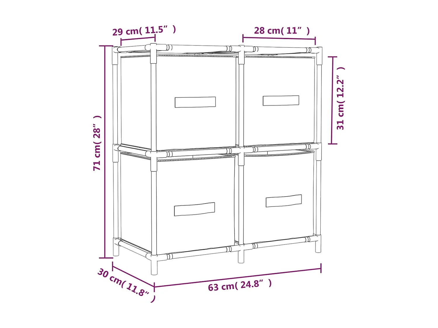 Kommode mit 4 Körben aus Stoff Grau 63×30×71 cm Stahl
