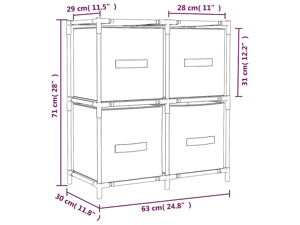 Armoire de rangement 4 paniers en tissu Gris 63x30x71 cm Acier