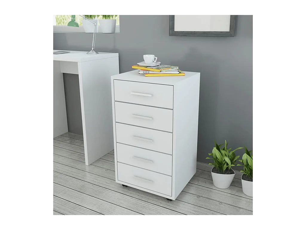Caisson à tiroir de bureau avec roulettes et 5 tiroirs blanc