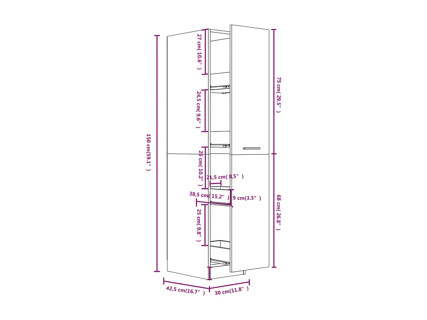 Apothekerskast 30x42,5x150 cm bewerkt hout hoogglans wit