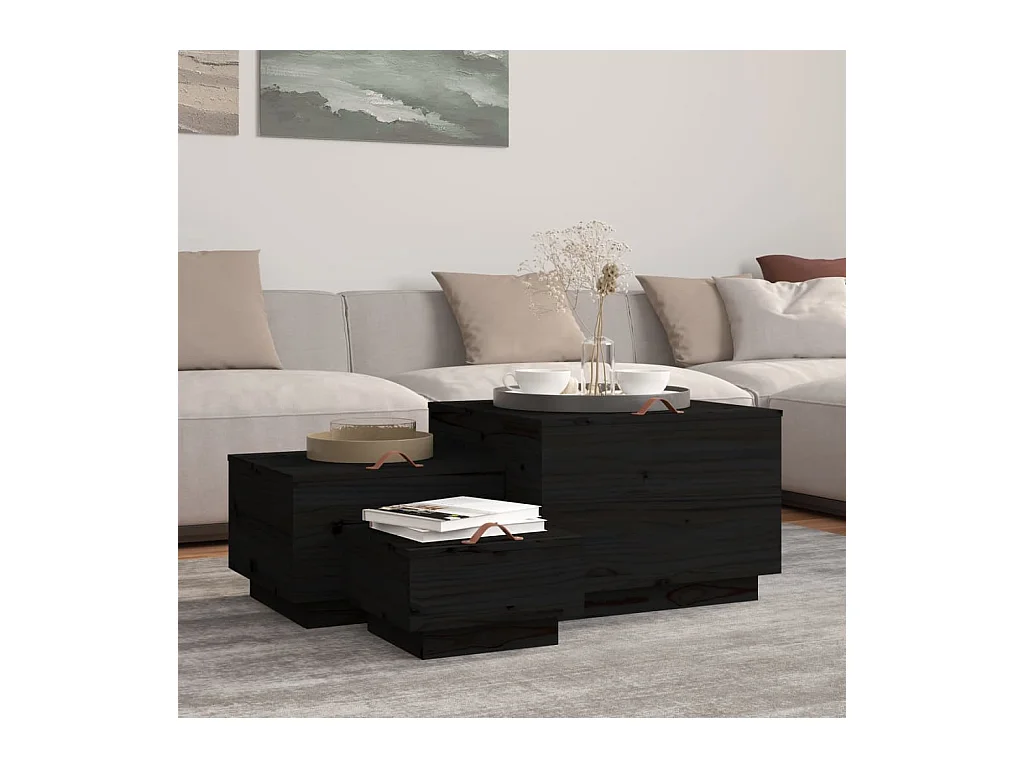 Contenitori Portaoggetti Coperchi 3pz Neri Legno Massello Pino