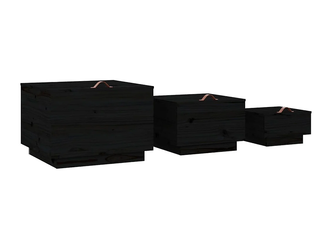 Boîtes de rangement et couvercles 3 pcs Noir Bois massif de pin