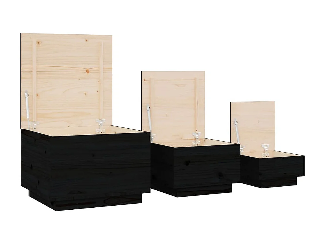 Boîtes de rangement et couvercles 3 pcs Noir Bois massif de pin