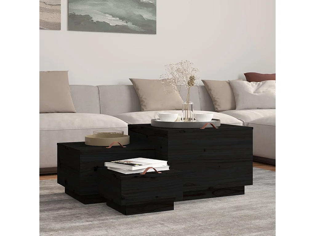 Boîtes de rangement et couvercles 3 pcs Noir Bois massif de pin