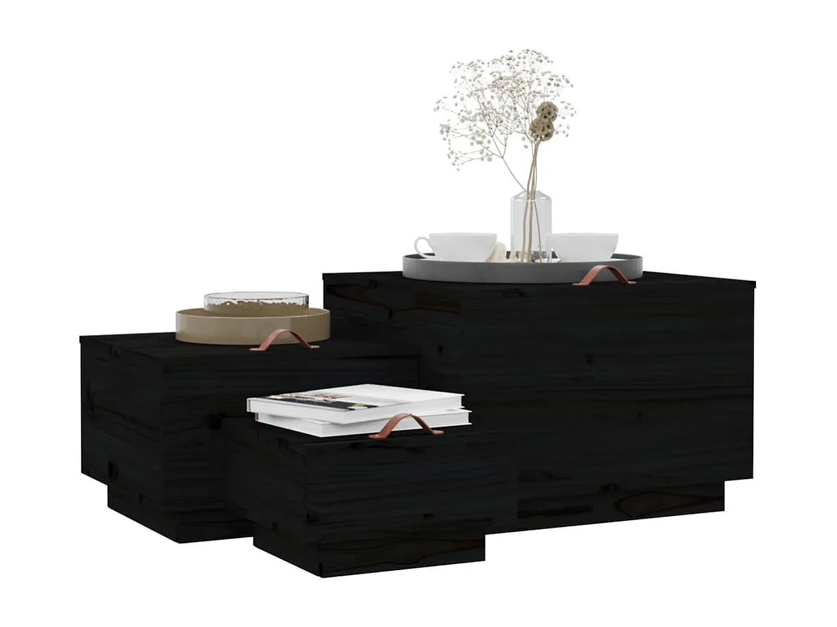 Boîtes de rangement et couvercles 3 pcs Noir Bois massif de pin