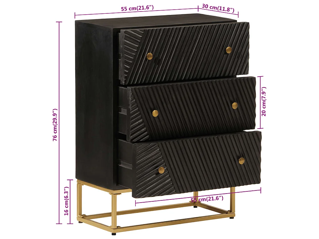 Cassettiera Nera 55x30x76 cm in Legno Massello di Mango e Ferro