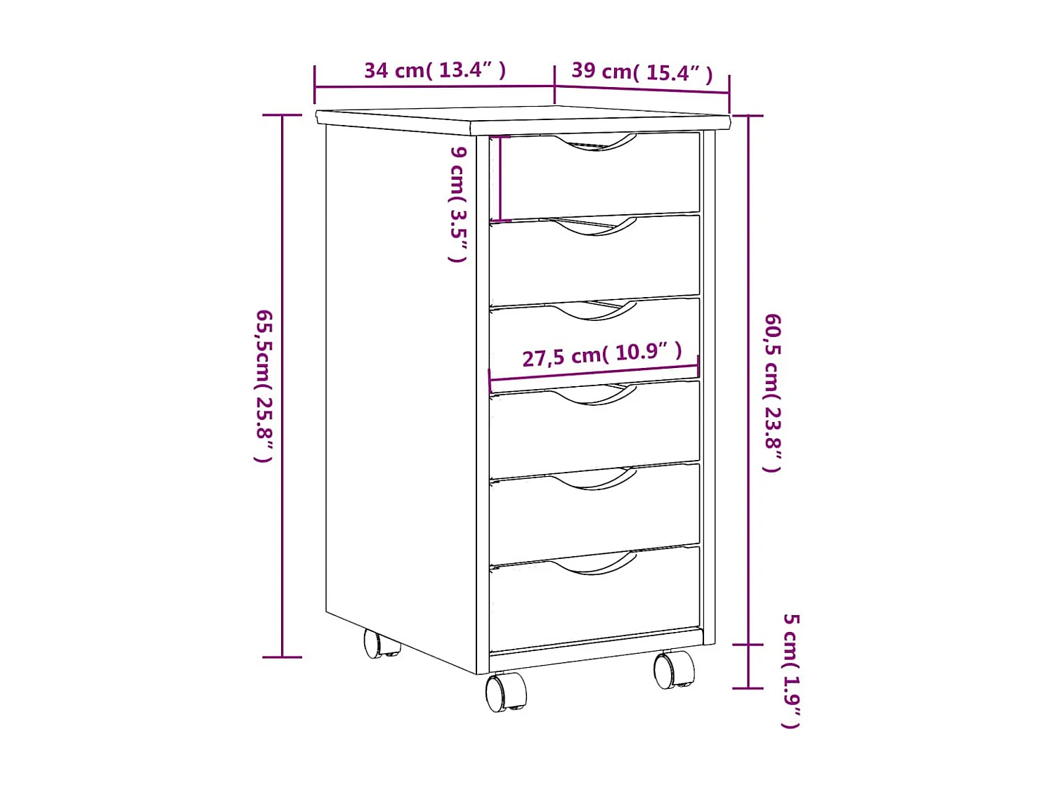 Armoire roulante avec tiroirs MOSS gris bois de pin solide