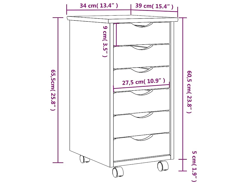 Armoire roulante avec tiroirs MOSS gris bois de pin solide