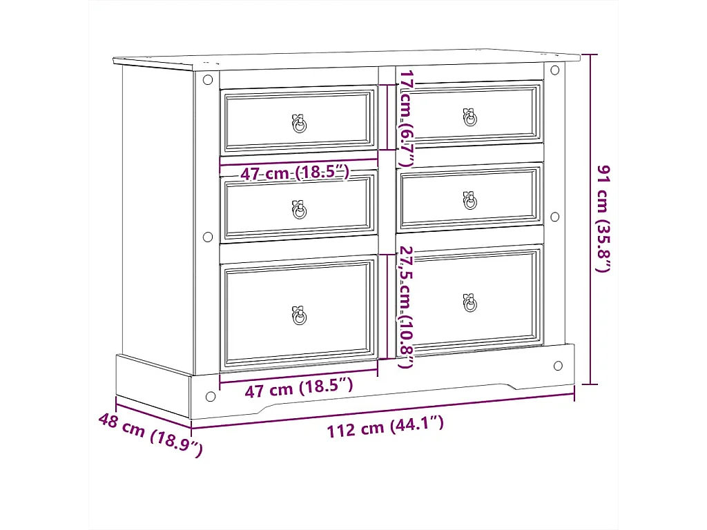 Cassettiera Corona 112x48x91 cm in Legno Massello di Pino