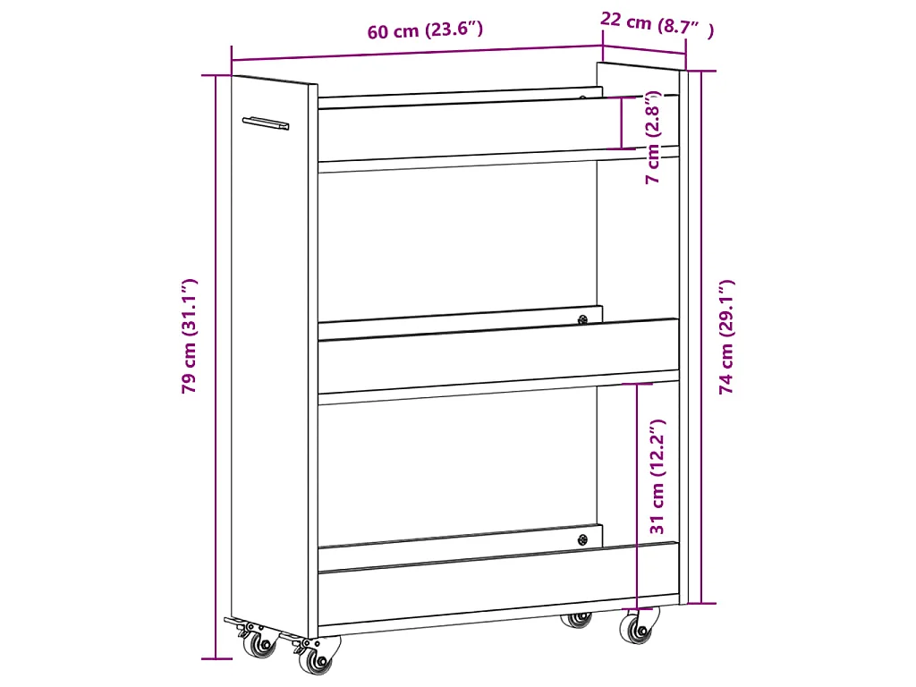 Schrank mit Rollen Schwarz 60x22x79 cm Holzwerkstoff
