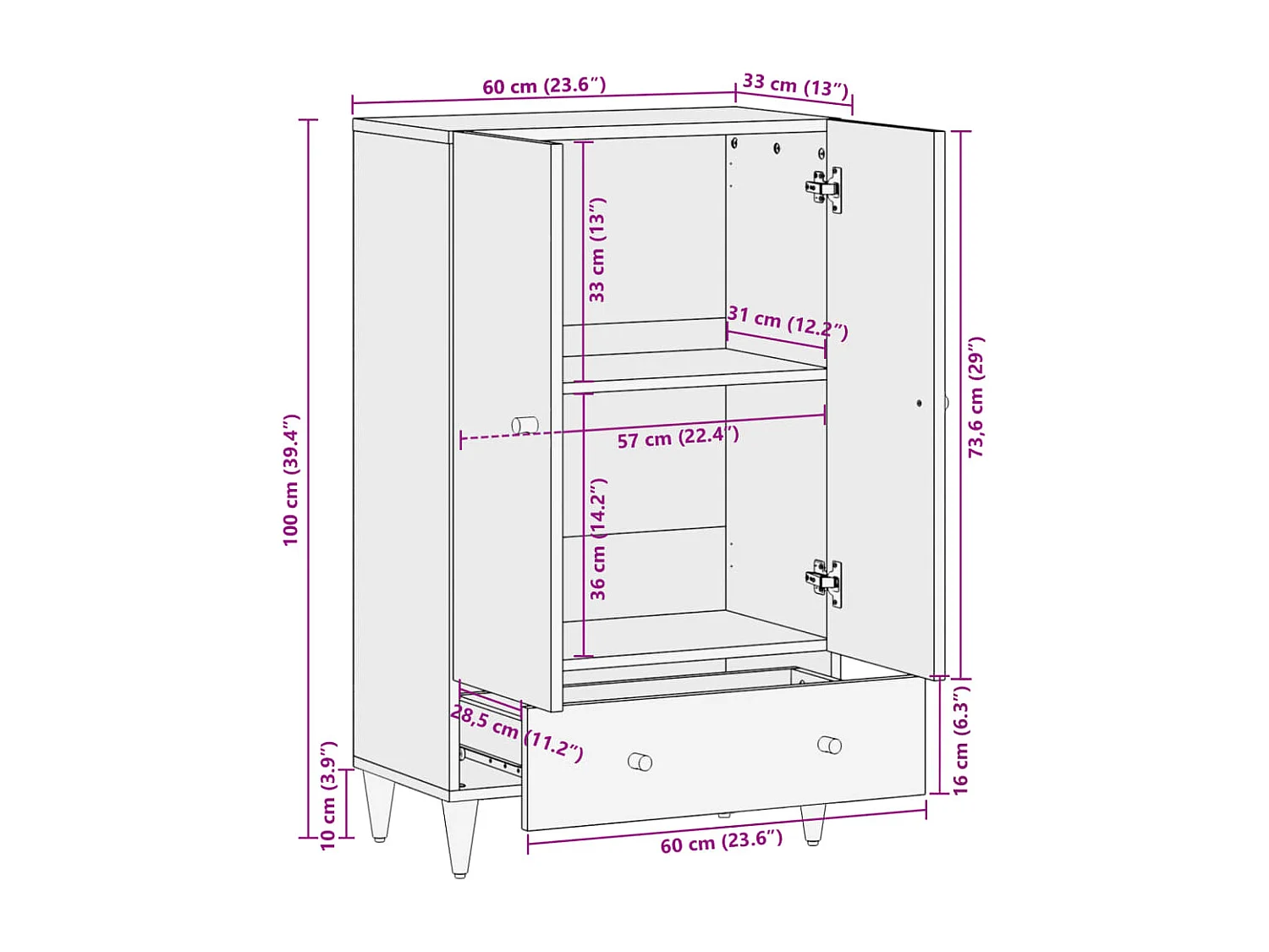 Highboard 60x33x100 cm Massivholz Mango