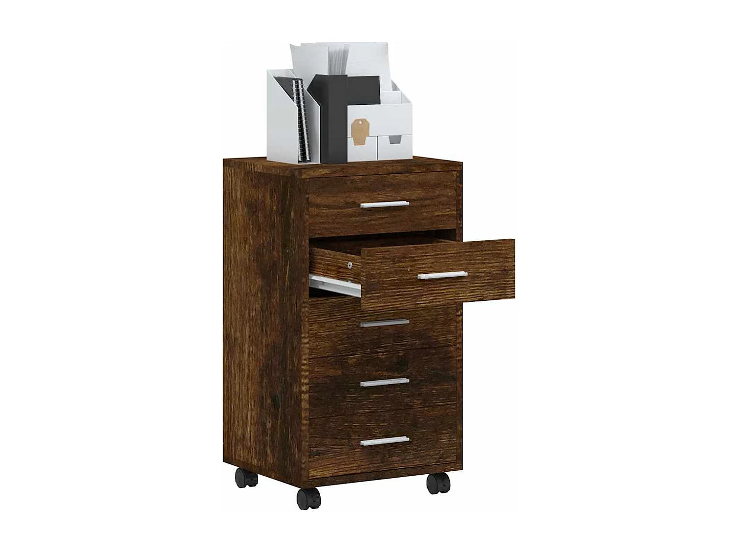 Ladekast met wieltjes bewerkt hout gerookt eikenkleurig