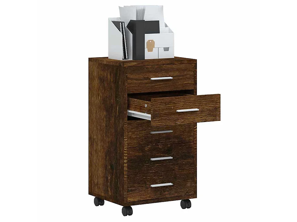 Ladekast met wieltjes bewerkt hout gerookt eikenkleurig