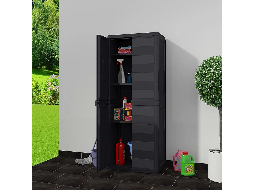 Czarna Szafka Ogrodowa z 3 Wentylowanymi i Zamykanymi Półkami - Wytrzymały Polipropylen - Łatwy Montaż