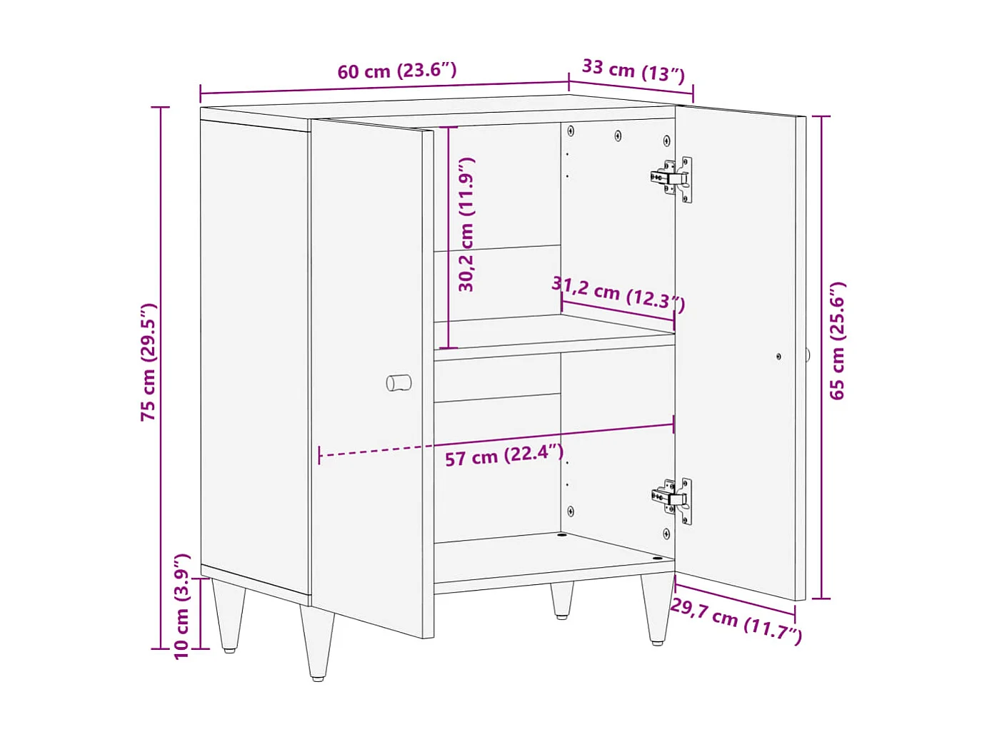 Armoire latérale 60x33x75 cm bois massif de manguier