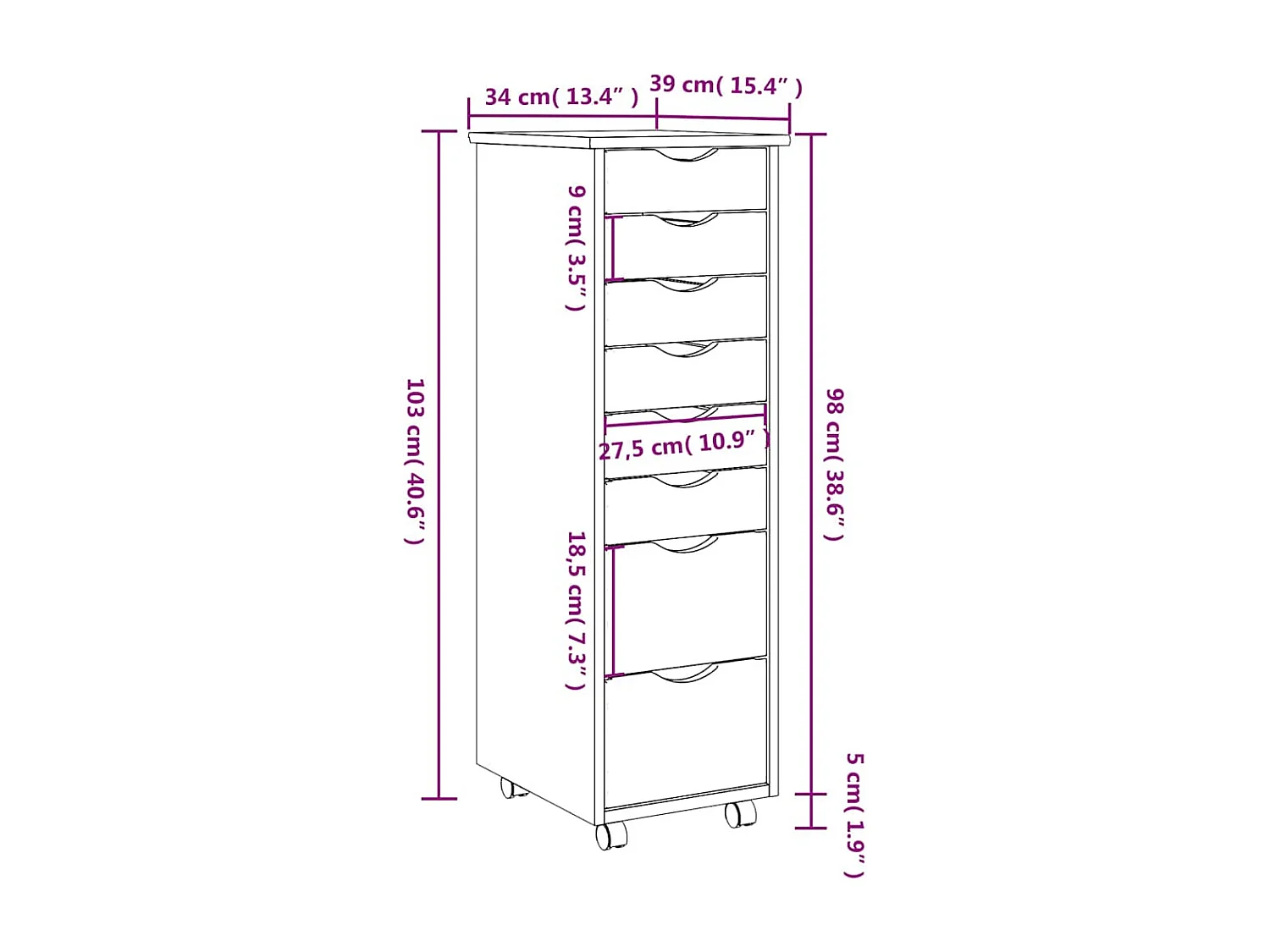 Armoire roulante avec tiroirs MOSS gris bois de pin solide