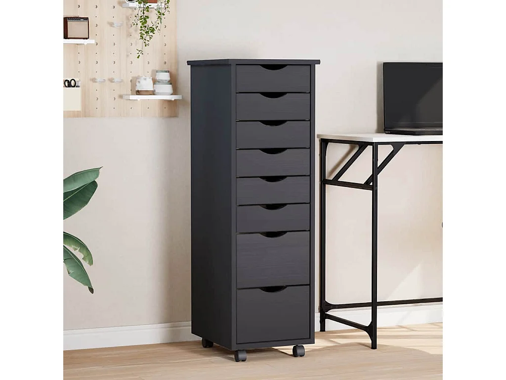 Armoire roulante avec tiroirs MOSS gris bois de pin solide