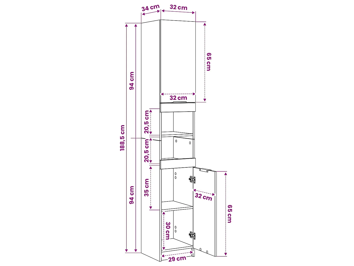 Badkamerkast 32x34x188,5 cm bewerkt hout wit