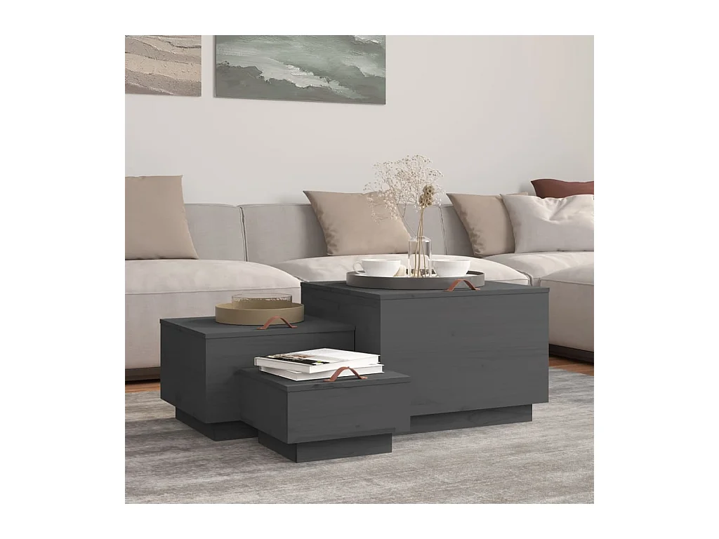 Boîtes de rangement et couvercles 3 pcs Gris Bois massif de pin