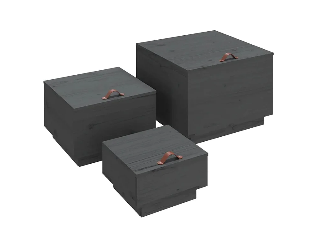 Boîtes de rangement et couvercles 3 pcs Gris Bois massif de pin