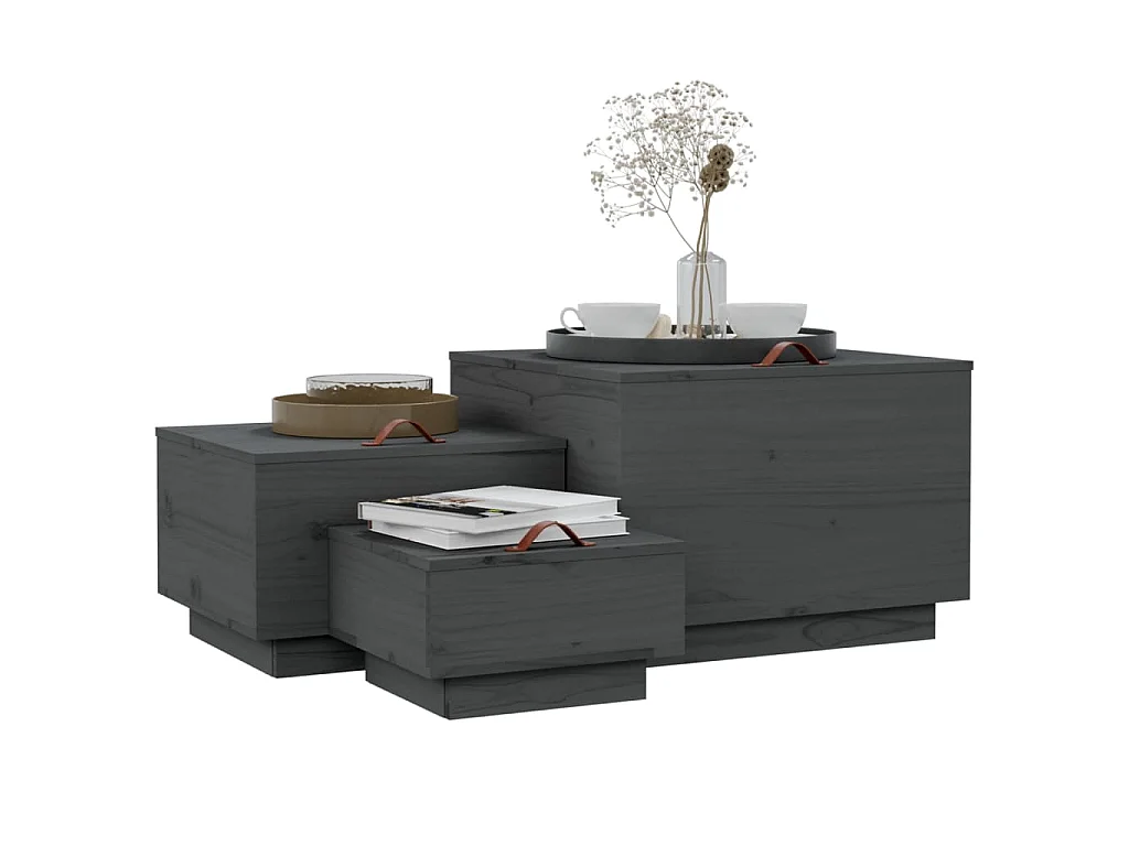Boîtes de rangement et couvercles 3 pcs Gris Bois massif de pin