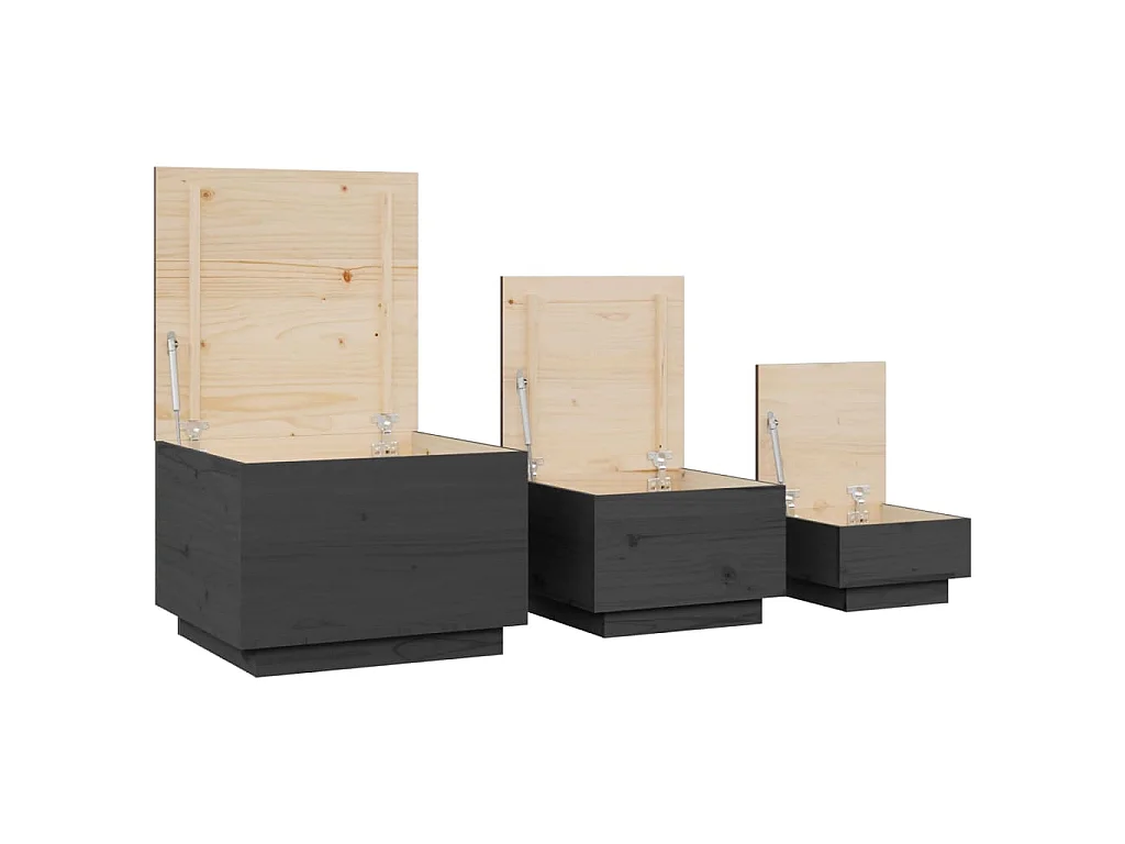 Boîtes de rangement et couvercles 3 pcs Gris Bois massif de pin