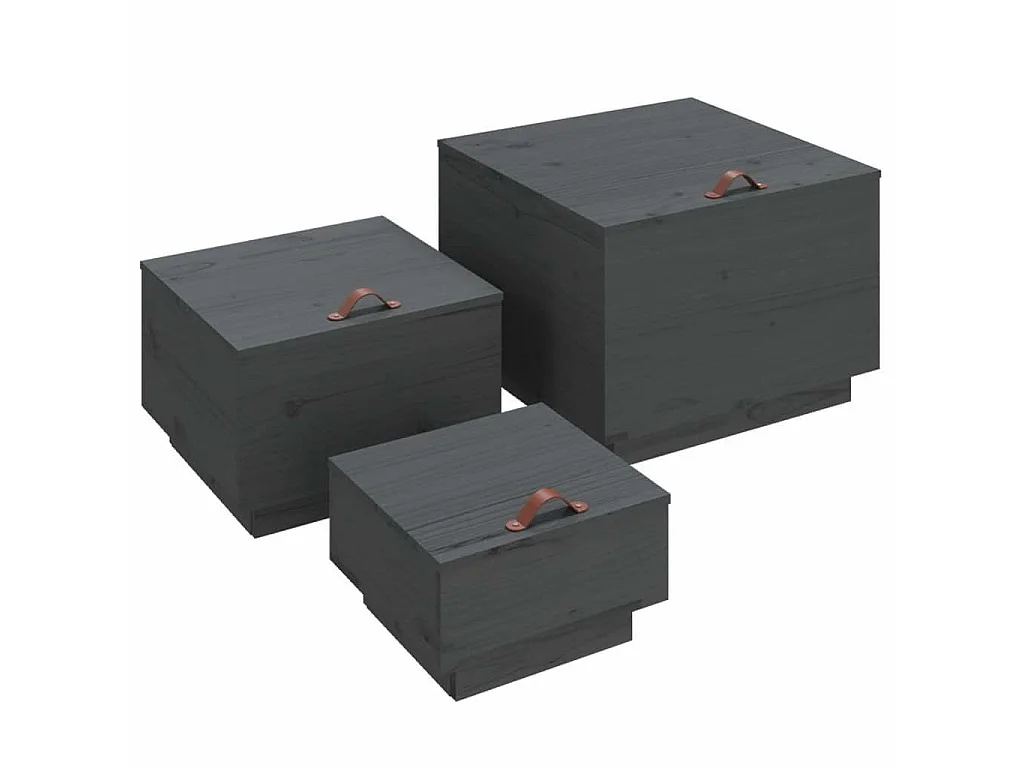 Cajas de almacenaje con tapa 3 pzas madera maciza pino gris
