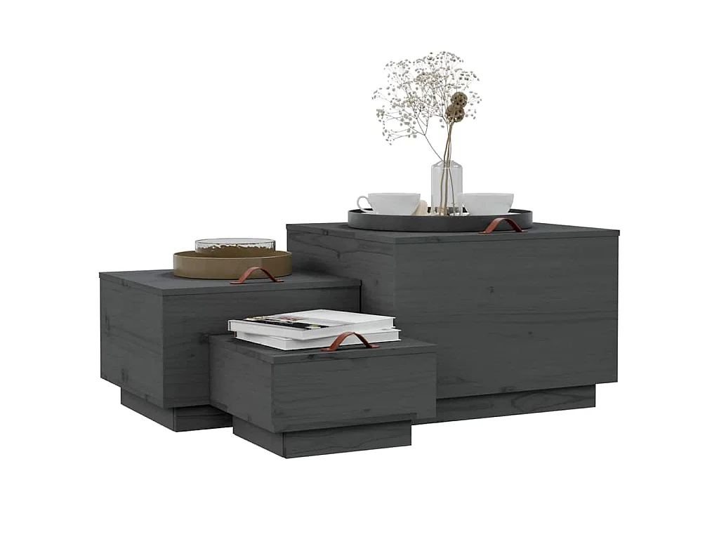 Cajas de almacenaje con tapa 3 pzas madera maciza pino gris