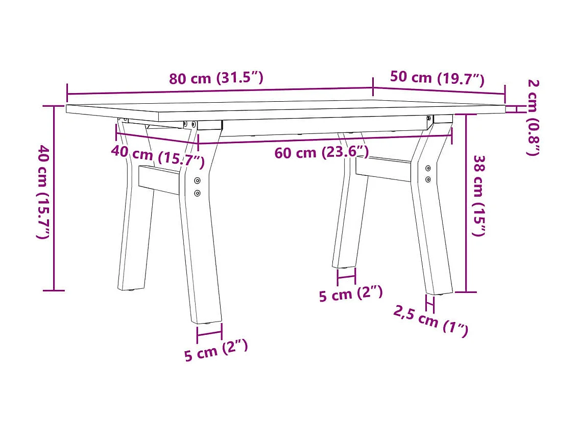 Table basse cadre en Y 80x50x40 cm bois de pin massif et acier